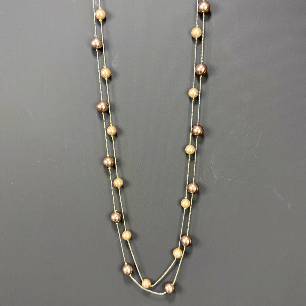 Rmn Champagne Chocolate Glass Pearl Two Strand Station Necklace 32” Silver Tone